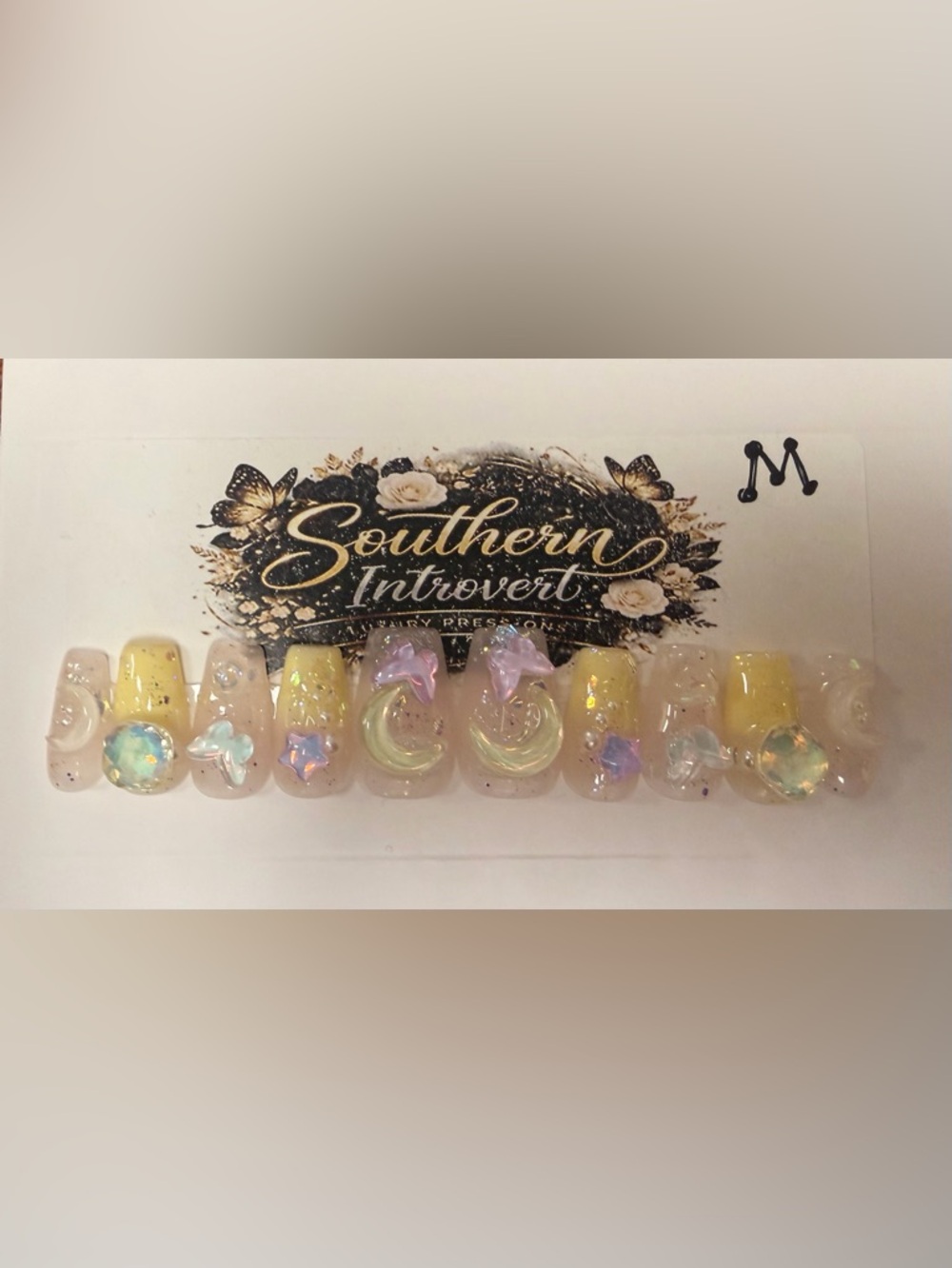 Iridescent Moon & Star Press-On Nails in Pale Yellow